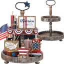 15 Pcs 4th of July Patriotic Tiered Tray Decor Set with Vintage Wooden Tray Independence Day American Decoration Rustic Farmhouse 250th Anniversary Memorial Day Red White Blue Wooden Sign