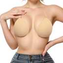 Invisible Adhesive Push-Up Bra Sticky Strapless Bra with Clear Halter Neck Strap for Backless Dresses/Tops (Beige)