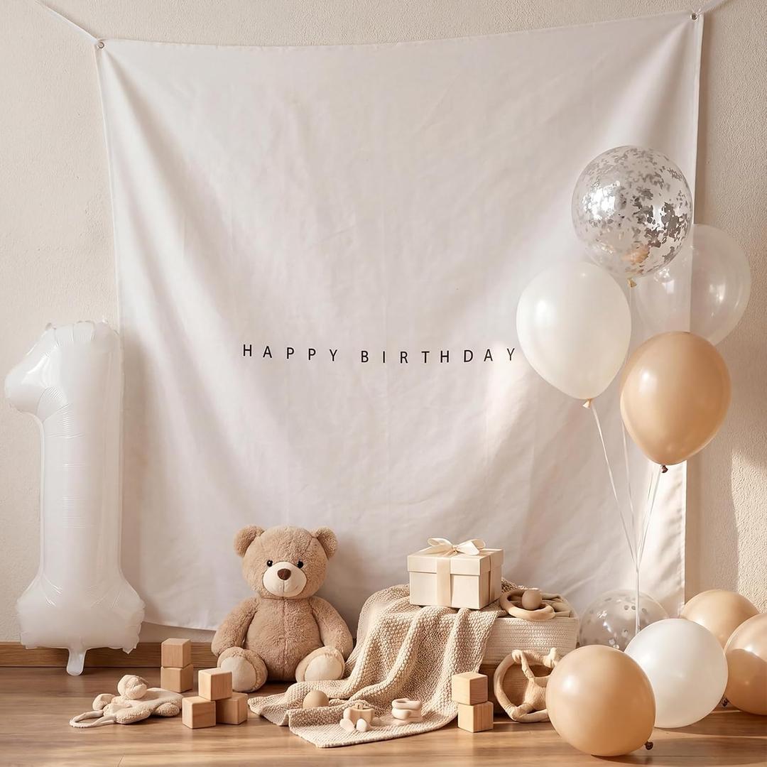 1st Birthday Backdrop Set 59'' Happy Birthday Background Cloth 40'' Number 1 Foil Balloon 10'' Latex Balloons First Birth Party Decorations for Baby Shower, Photoshoot (White)