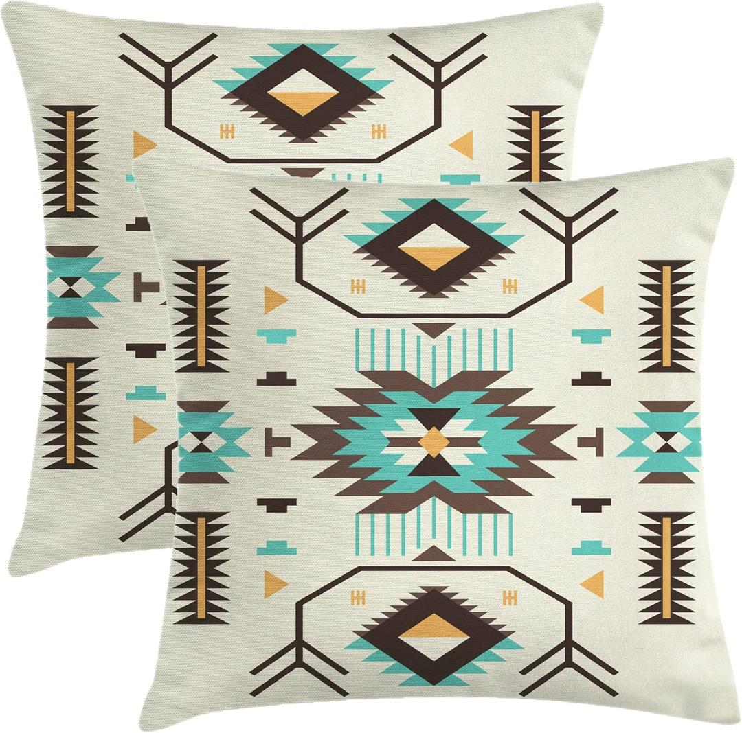 Boho Southwest Pillow Covers 16 x 16 Inch Western Native American Brown Turquoise Geometry Decorative Throw Pillows Aztec Southwestern Pillowcase for Couch Bed Outdoor Decor, Set of 2