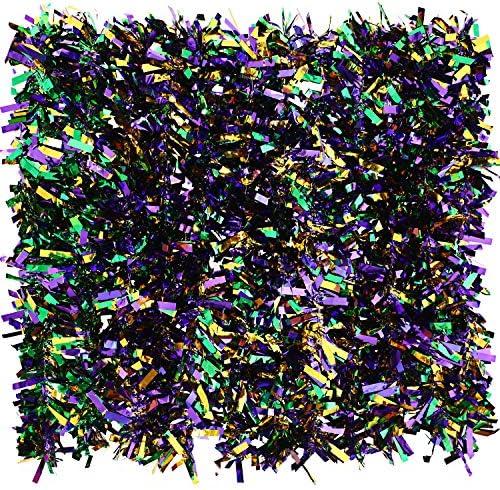 BBTO 6 Pcs 39.4 ft Mardi Gras Tinsel Garland Decoration Metallic Festooning Garland Purple Gold Green Streamers Hanging Glitter Fringe Tinsel for Mardi Gras Carnival Party New Year Decor, Set of 2