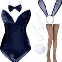 Anime Womens Bunny Girl Costume One Piece Bodysuit Halloween Cosplay Catsuit Bunny Headband Stockings Set (X-Small, Navy)
