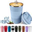 YINBAOGE Insulated Travel Coffee Mug, Spill & Leak Proof, Portable To Go Camping Stainless Steel Coffee Tumbler, Reusable Thermal Coffee Cup with Lid for Hot & Cold Drinks (Light blue, 12 OZ)