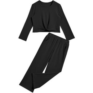 Girls Fall Outfits Tie Knot Crop Tops Wide Leg Pants with Pockets 2025 Winter Sets Active Wear (7-8 Years, Black)