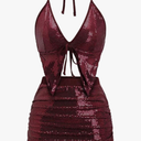 SHENHE Women's Y2k 2 Piece Sexy Outfits Backless Halter Crop Top and Ruched Bodycon Mini Skirt Set, Small, Sequin Burgundy 