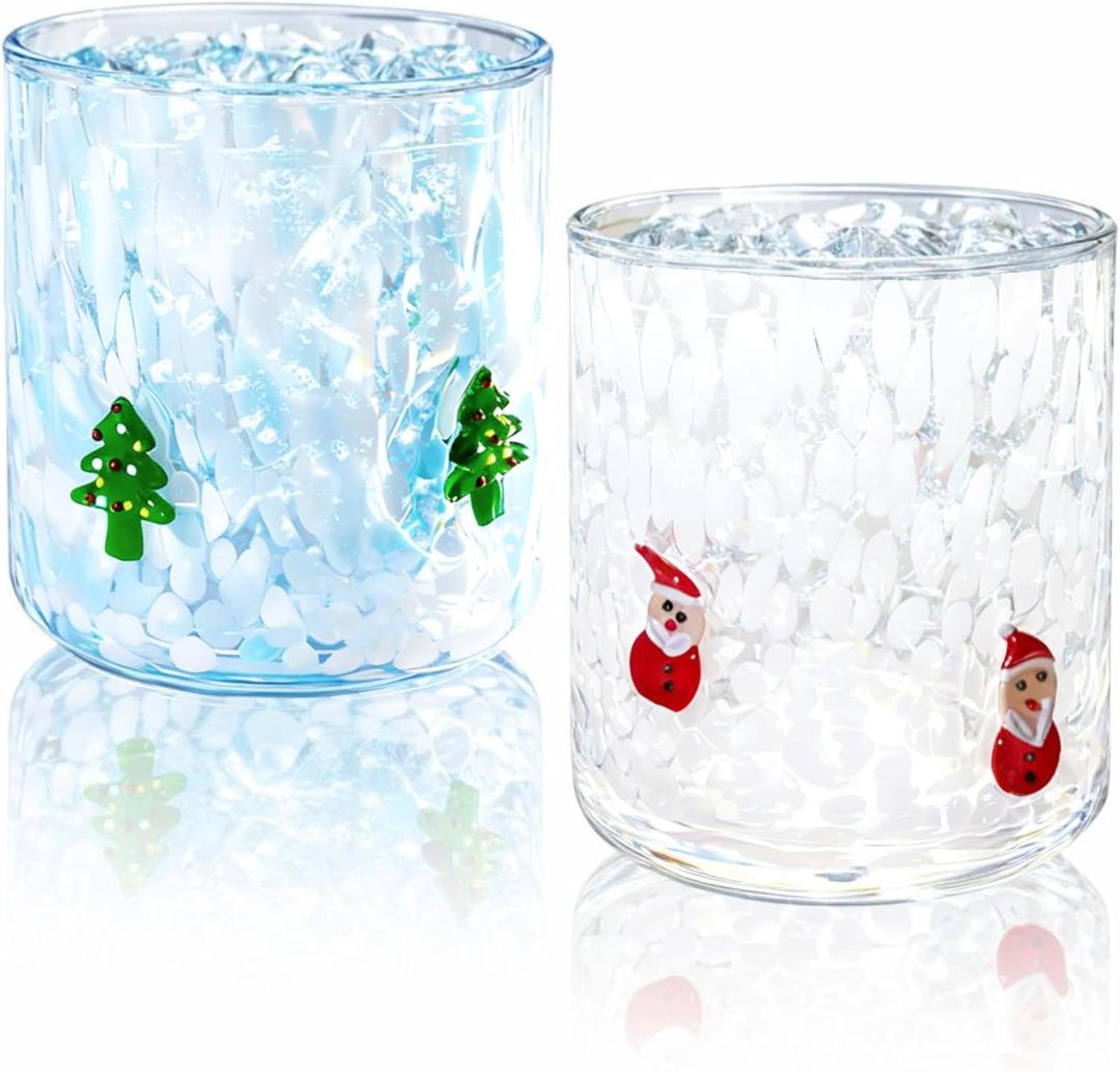 2 Pcs Icon Glass Cups - 14 oz Santa Claus & Christmas Tree Juice Glasses, Hand-blown Glasses for Holiday Gifts Family Parties and Stylish Everyday & Party Glass