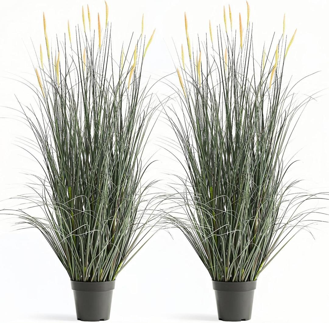 Faux 4ft 2-Pack Horsetail Reed Grass with Pink Spikes, 48in Tall Indoor Outdoor Fake Grass in Pot, Home Office Decorative Artificial Plant & Greenery, Wedding Decor Green Bristlegrass