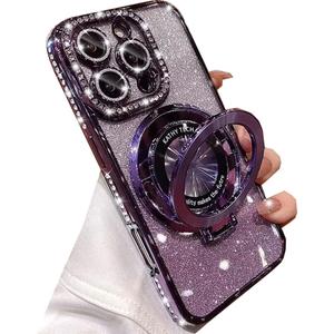 Changjia Magnetic Kickstand Glitter Case for iPhone 16 Pro Max, [Compatible with Magsafe] Luxury Bling Sparkly Diamond Rhinestones with Camera Protector Women Girls Case for iPhone 16 Pro Max (Purple)