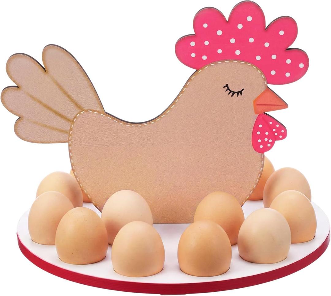 Junkin Rustic Wooden Hen Shaped Egg Holder Countertop, 16-hole Country Egg Storage Rack for Fresh Chicken, Duck, Quail and Turkey Eggs, Space Saving Farmhouse Country Decor Kitchen Organizer