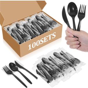 100 Sets (400 Pcs) Individually Wrapped Plastic Silverware Sets Bulk - Disposable Knife Fork Spoon & Napkin Kit in Black for Wedding, Party, BBQ, Picnic, Camping & Events