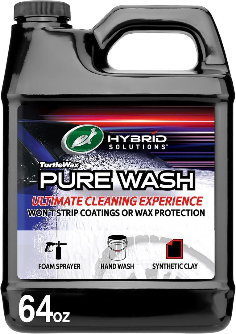 Turtle Wax Hybrid Solutions Pure Wash, pH Neutral Extreme Foaming Car Wash Soap, Bucket or Foam Cannon Application, Won't Strip Waxes or Coatings, Clay Bar Lubricant, Spot-Free Clean, 64 fl oz