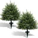 28" Artificial Cedar Topiary Ball Trees with Spike, Set of 2 Faux Cedar Bushes, UV Resistant Fake Shrubs, Artificial Cypress Topiary Outdoor Plants for Indoor&Outdoor Front Porch Garden