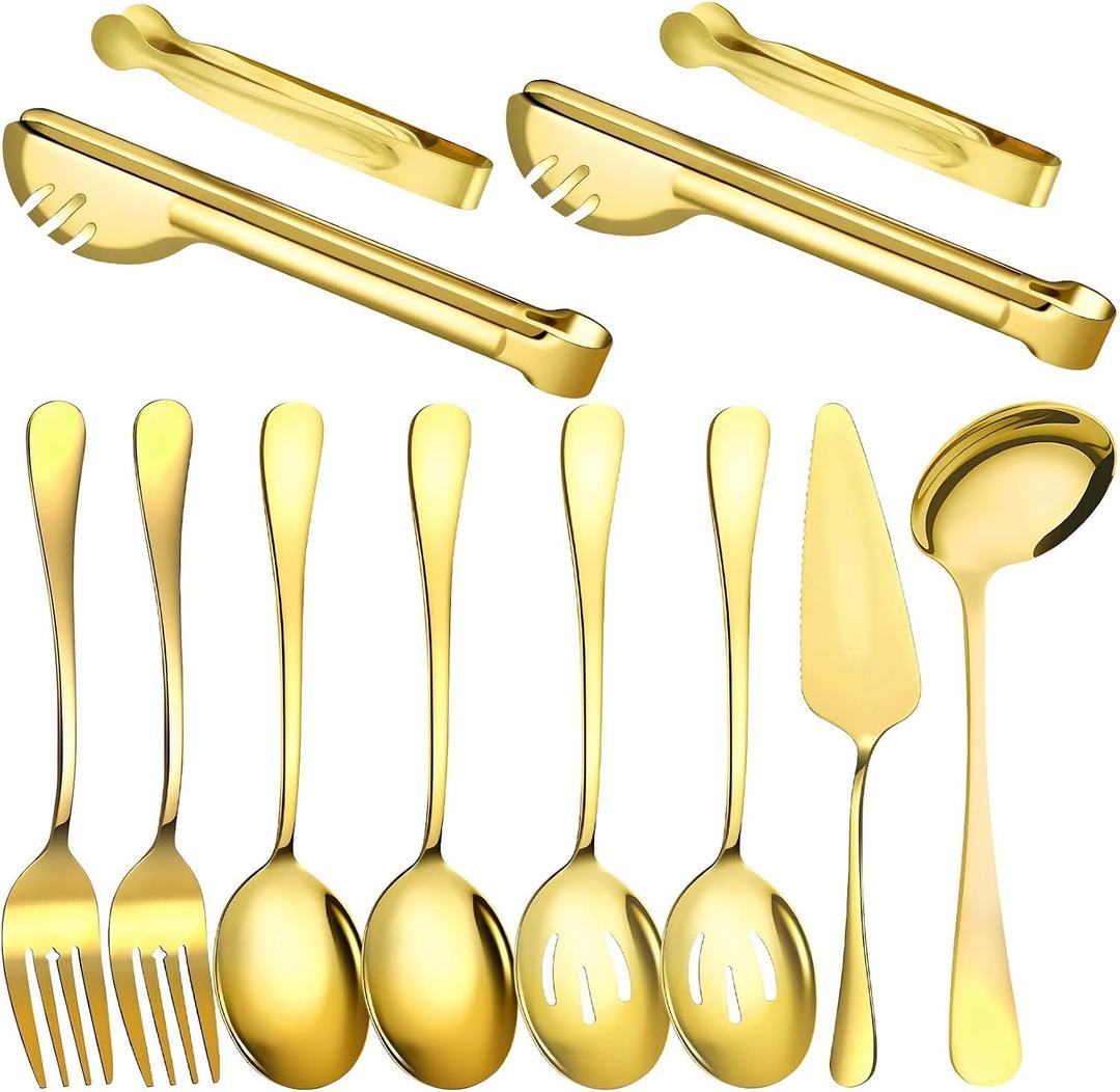 12 Pcs Gold Serving Utensils Set Include Stainless Steel Large Serving Spoons Slotted Spoons Forks Soup Ladle Pie Server - Metal Utensils for Parties Buffet Catering, Dishwasher Safe