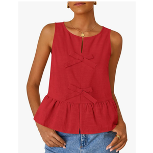 ZESICA Women's Summer Sleeveless Tank Tops Crewneck Tie Front Loose Flowy Ruffle Peplum Babydoll Blouses, Small