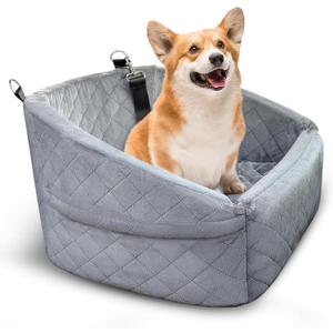 Dog Car Seat for Small Medium Sized Dogs & Cats – Booster Seat with Safety Belt, Non-Slip Bottom, Washable Bed, Storage Pockets – Pet Car Seat for Dogs/ Puppy Cats Under 5-35 lbs (Grey)