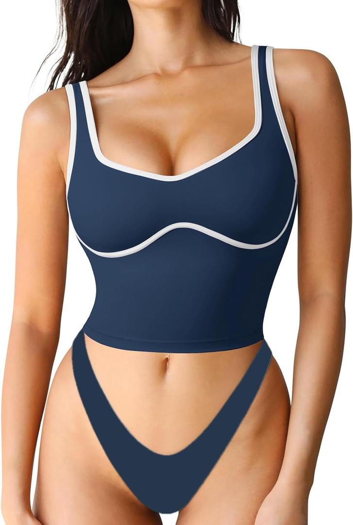 SUUKSESS Women Sweetheart Neckline Longline Sports Bra Padded Basic Workout Crop Tank Top (X-Small, Navy Blue)