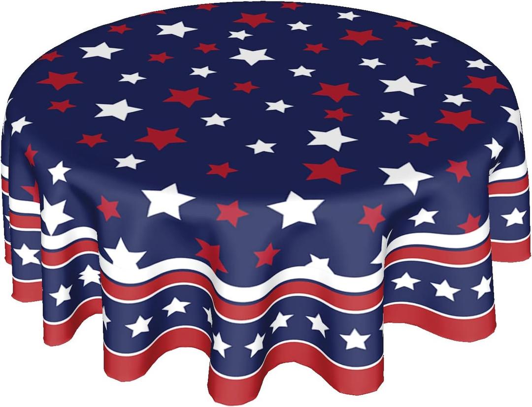 4th of July Tablecloth Round 60 Inch Patriotic Independence Day American Flag Table Cloth Washable Navy Blue Memorial Day Table Cover for Kitchen Dinner Room Holiday Picnic Party Indoor Outdoor Decor