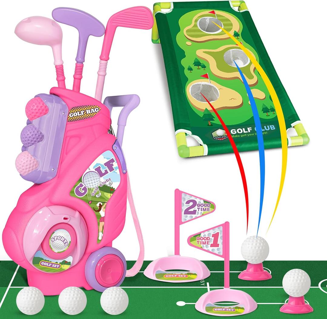 Toddler Golf Set for Boys Girls 1 2 3 4 Years Old, Upgraded Kids Golf Cart with Putting Mat & Cornhole Board, Outdoor Indoor Sports Toys, Pink