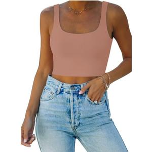 REORIA Womens Sexy Square Neck Double Lined Seamless Sleeveless Cropped Tank Yoga Crop Basic Tops (XX-Large, Sienna)