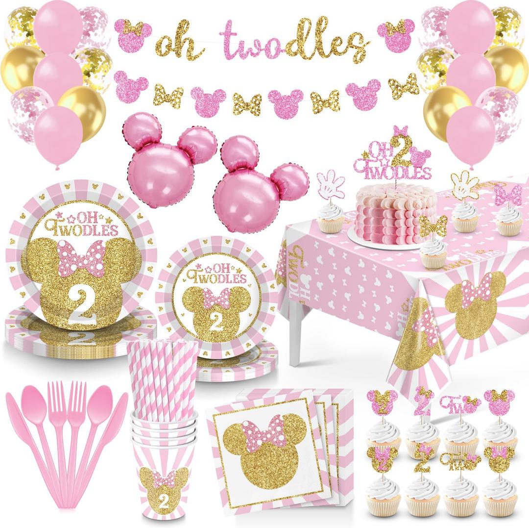 166 Pcs Oh Twodles Birthday Party Supplies Girl, 2nd Birthday Decorations for Girl Paper Plates Napkins Cups Tablecloth Banner for Pink Gold Oh Twodles Birth day Decorations for Girls Serve 16 Guests