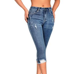 roswear Women's Capri Pants Mid Rise Skinny Ripped Stretchy Cropped Distressed Jeans (Large, Light Blue)