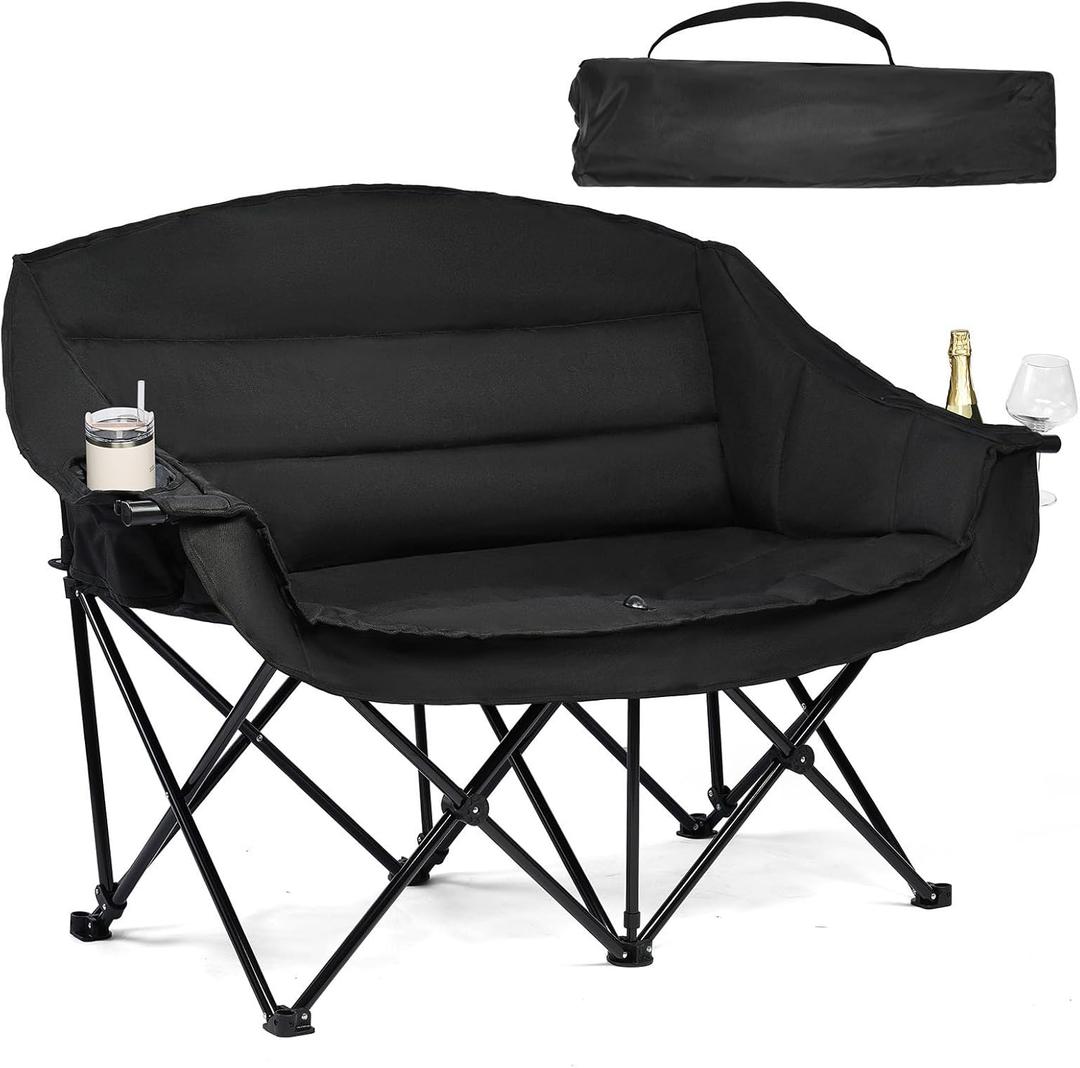 Double Camping Chair Padded Loveseat Chair for 2 Person - Heavy Duty Oversized Camping Couch for Adults Outdoor Sports Lawn Beach Portable Folding XL Chairs with Cup Holders and Carry Bag, All Black