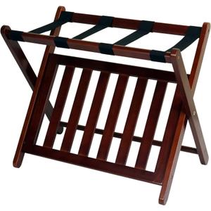 Solid Wood Luggage Rack Foldable Fully Assembled Hotel Style Suitcase Stand With Shelf Honey Oak Finish Guest Room Essentials Organizer Durable Travel Storage Compact Design Easy Setup, Walnut