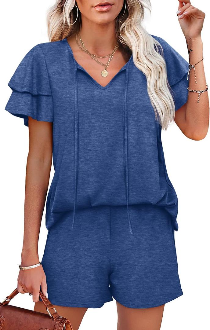 WIHOLL Summer Outfits for Women 2 Piece Short Sleeve V Neck Lounge Sets Casual (Large, 1-blue)