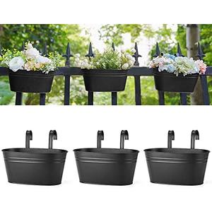 Dahey Metal Iron Hanging Flower Pots for Railing Fence Hanging Bucket Pots Countryside Style Window Flower Plant Holder with Detachable Hooks Home Decor,Black,3 Pcs