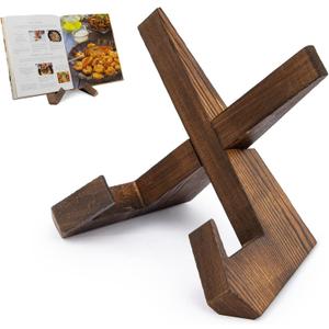 PUERSI Cookbook Stand for Kitchen, Recipe Book Holder for Kitchen Counter, Wooden Cookbook Holder, Rustic Cook Book Holder Stand - Rustic Brown
