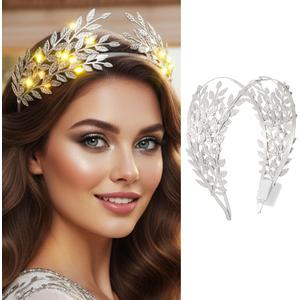 DRESBE Light Up Leaf Headband LED Greek Goddess Headbands Glow Roman Toga Hair Accessories for Women (Silver) (1 Count (Pack of 1))