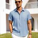 Alimens & Gentle Mens Linen Shirts Short Sleeve Button Down Shirts Wrinkle Free Casual Vacation Beach Summer Tops,Sky Blue,M