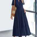 BTFBM Womens Summer 2025 Casual Midi Maxi Dresses Lightweight Short Sleeve V Neck Elastic Waist Boho Beach Dress Pockets (Small)