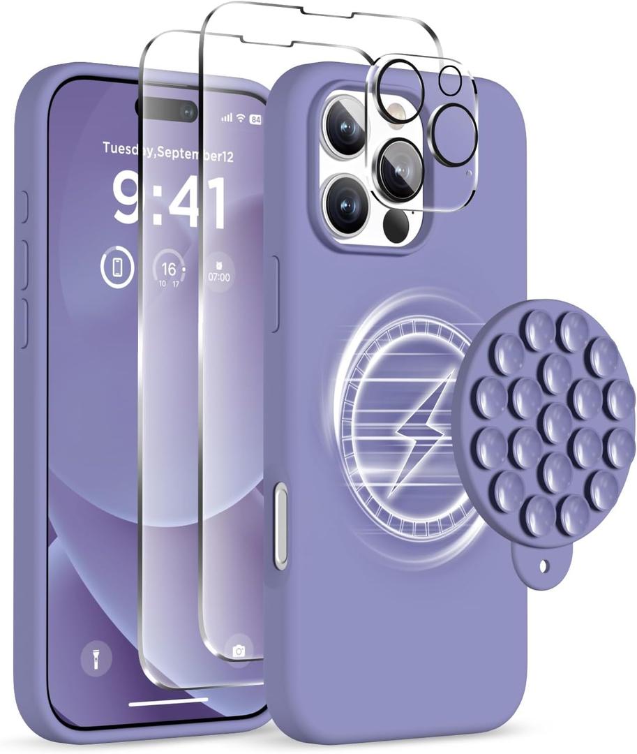 Magnetic for iPhone 16 Pro Case, Compatible with Magsafe, Suction Cup Phone Mount, 2 Screen Protectors - Camera Protector, Silicone Shockproof Protective Phone Cover 6.3", Lavender