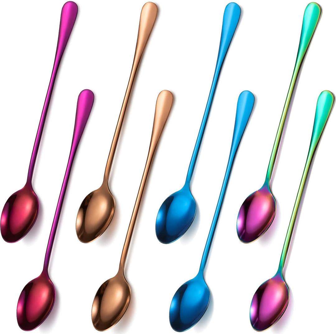 8 Pieces Long Handle Tea Spoon Stainless Steel Coffee Mixing Spoons Teaspoon for Mixing, Cocktail Stirring, Coffee, Milkshake, Cold Drink, 7.48 Inch (Popular Style)