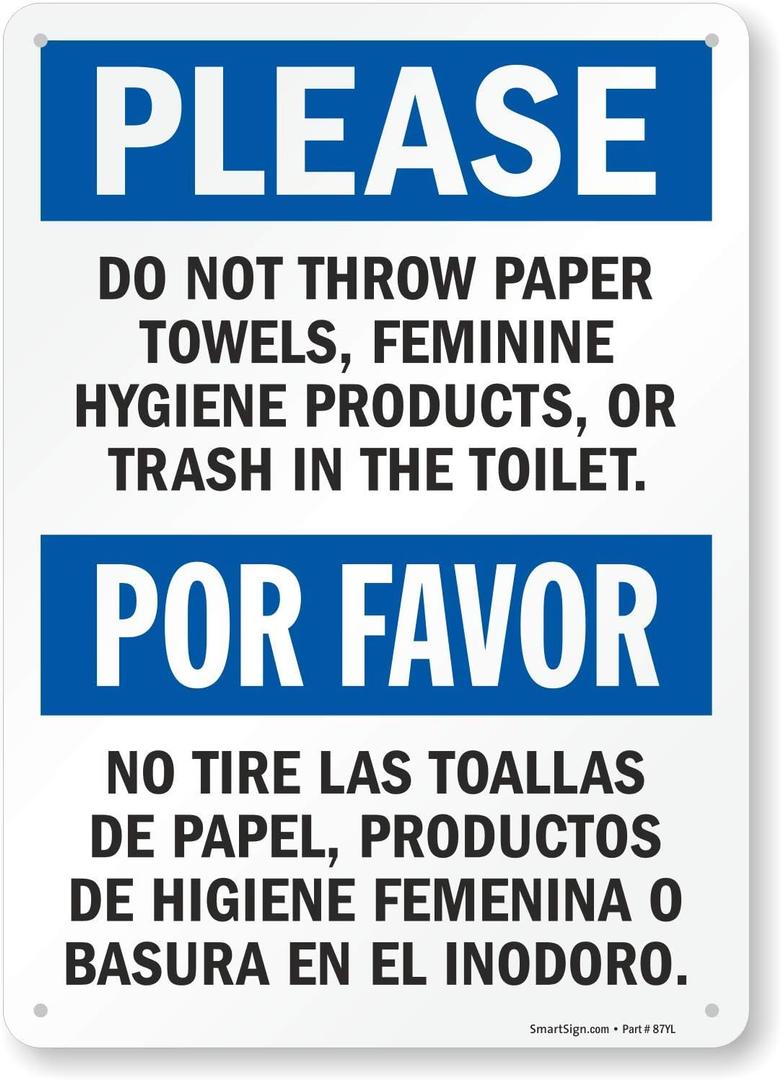2 x SmartSign "Please Do Not Throw Paper Towels, Feminine Hygiene Products, Or Trash In The Toilet" Bilingual Sign | 10" x 14" Plastic