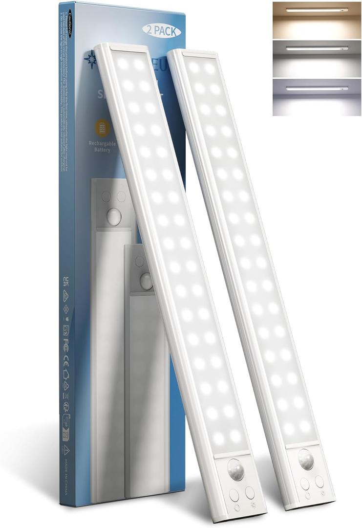 AMETHEUS Under Cabinet Lights, Motion Sensor Light Indoor, Wireless Closet Lights, 2200mAh Rechargeable, Magnetic, 3 Color Temps, 5 Levels Dimmable, Under Counter Lights for Kitchen (2 Pack)