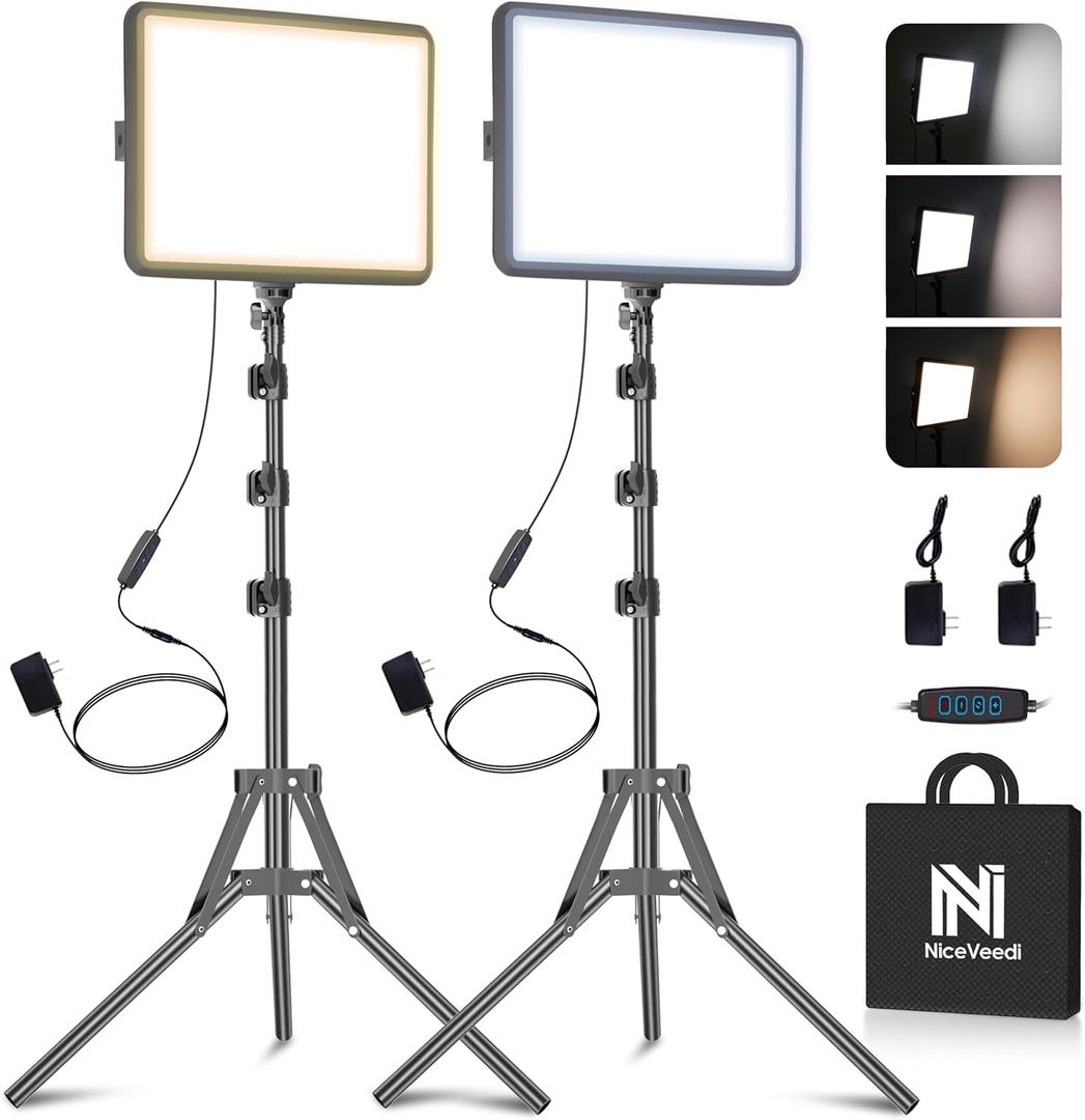 2-Pack Photography Lighting Kit, NiceVeedi 25W LED Video Light Kit, 2900-7000K Dimmable Studio Light with Tripod Stand, 73" Stream Light for Video Recording