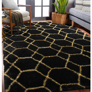 ONASAR Black and Gold Area Rug 4x6 for Bedroom Living Room, Shaggy Geometric Rugs Floor Mat for Home Decor Aesthetic, Soft Plush Fluffy Carpet for Kids Teen Playroom Dorm Classroom Office