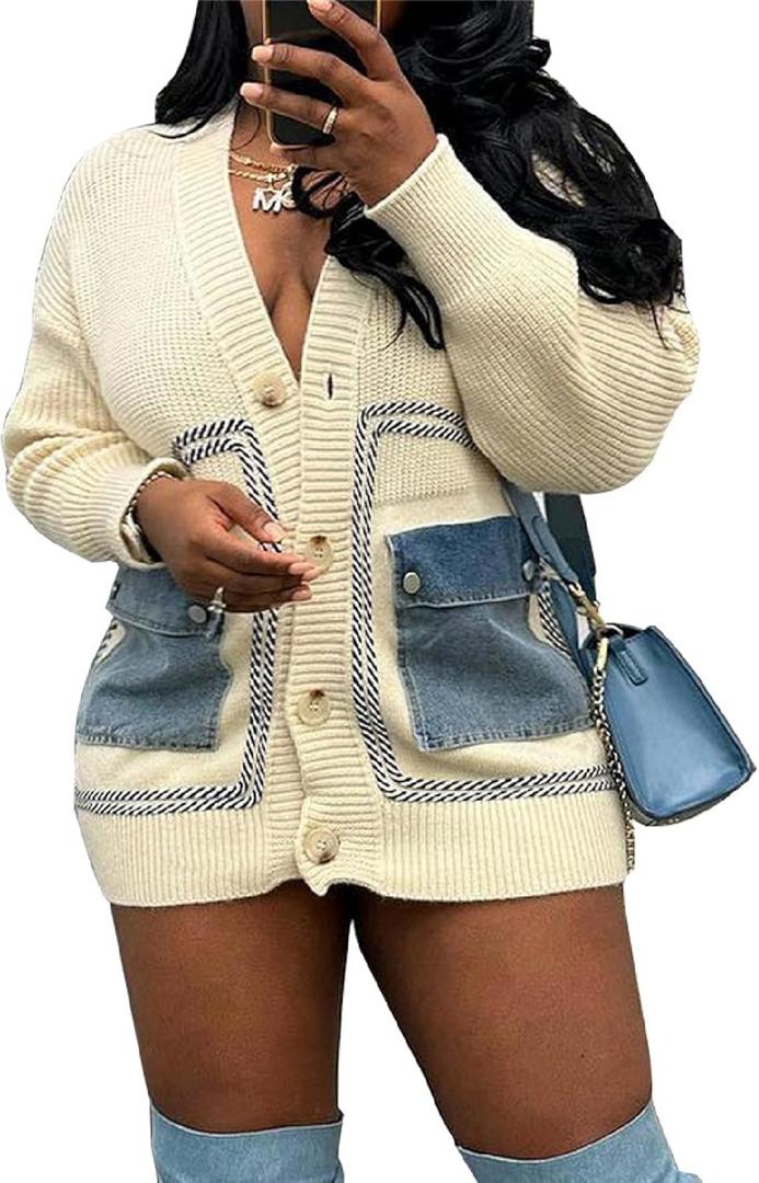 Seltaon Womens Cardigan Sweaters Oversized Chunky Button Down Cardigans Long Sleeve Sweater Jacket Coat with Denim Pockets (Large, White01)