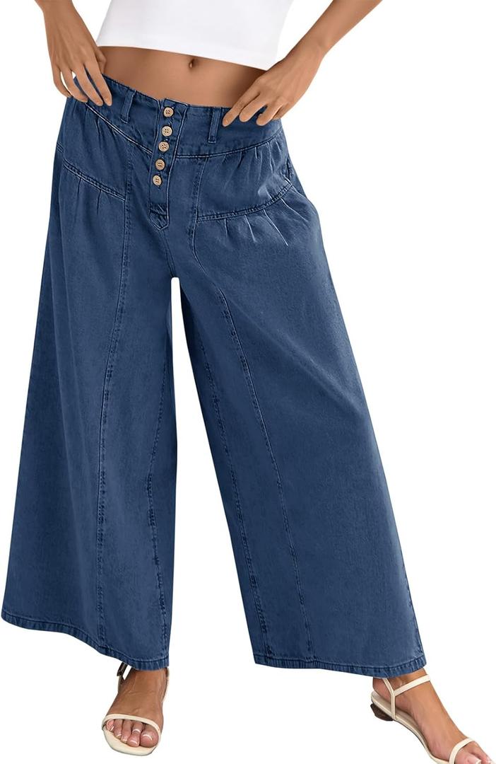 Cicy Bell Womens Wide Leg Jeans Baggy Elastic Waist Button Boyfriend Casual Denim Pants with Pockets (Blue)