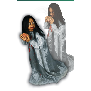 Haunted Hill Farm Rosemary by Tekky, Battery-Operated, Motion and Sound Activated Animatronic Demon Child with Sound Effects and Lights for Indoor or Covered Outdoor Creepy Halloween Decoration