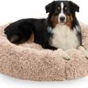 Active Pets Calming Plush Dog Bed Donut Joint Support Anxiety Relief Washable Pet Bed with Removable Cover for Dogs Cats, Large 36", Beige