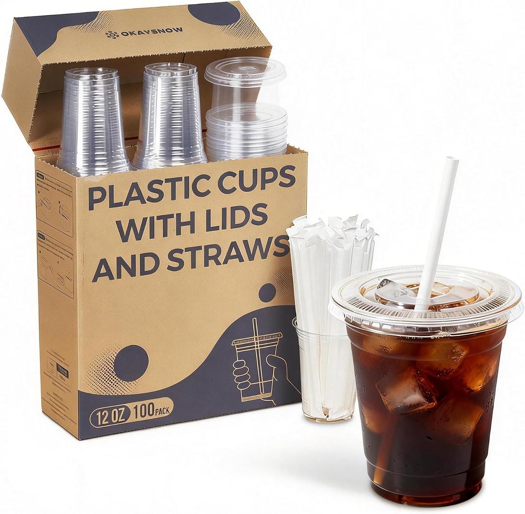 100 Pack 12 oz Disposable Coffee Cups with Lids and Straws - Clear Plastic Smoothie Cup, Sturdy and Leakproof Ice Coffee Cups, To Go Cups for Cold Drinks (EXP 07/14/26)