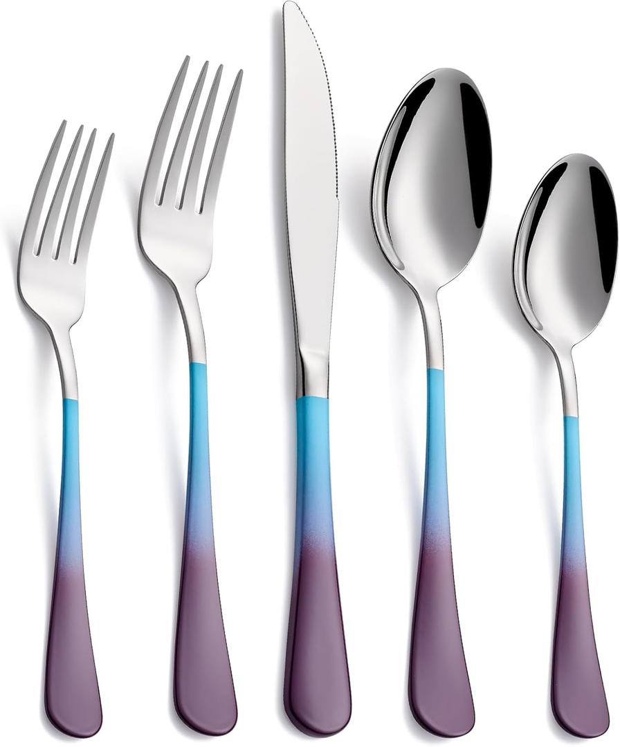 20-Pieces Color Silverware Set for 4,Blue and Purple Handle Stainless Steel Cutlery Set, Include Forks Spoons and Knives Set, Dishwasher Safe Utensil Sets for Home Restaurant