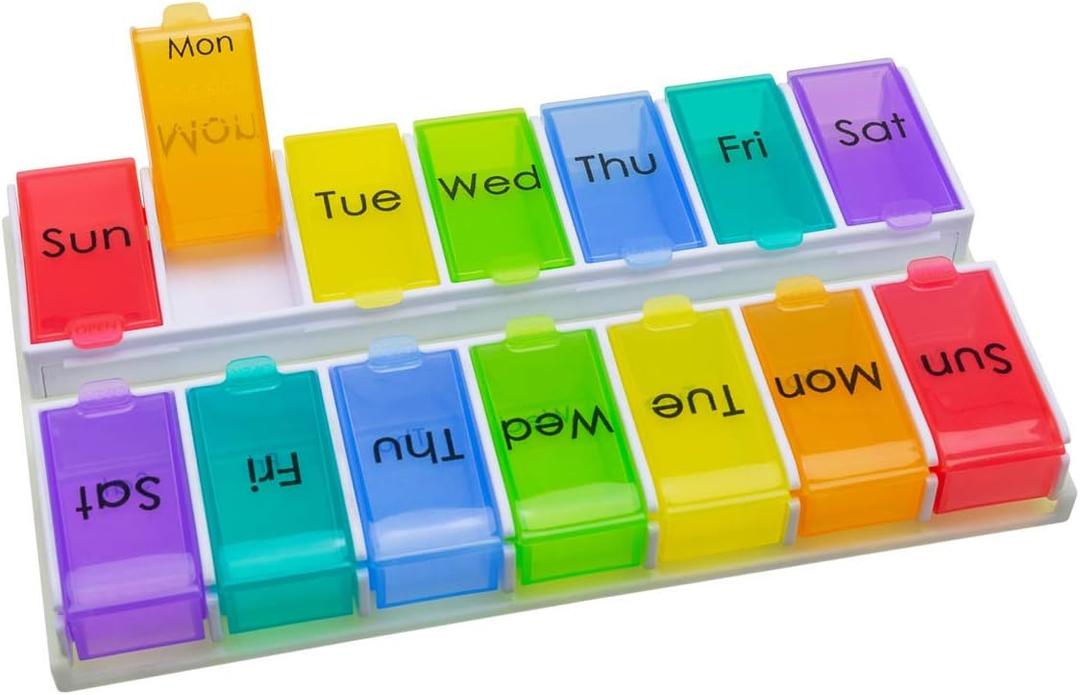 EZY DOSE Ezy Fill (14-Day) Pill Organizer, Weekly Removable Trays with Flip-Open Daily Compartments for Easy Refill, 2 Times a Day Medicine Planner, Vitamin Organizer Box, Rainbow, BPA Free
