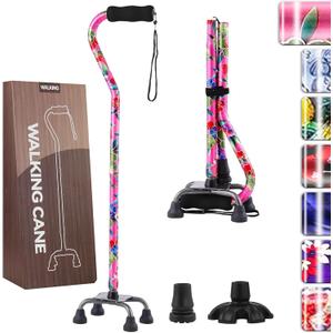 Walking Cane for Women & Men, Folding Offset Quad Cane with 4 Pronged Base for Extra Stability and Balance, Adjustable Aluminum Walking Stick for Seniors (Powder flower)