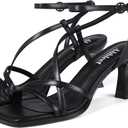 Kitten Heels for Women - Square Open Toe Strappy Heeled Sandals with Ankle Strap - Wedding Dress Heels (Black) 7.5