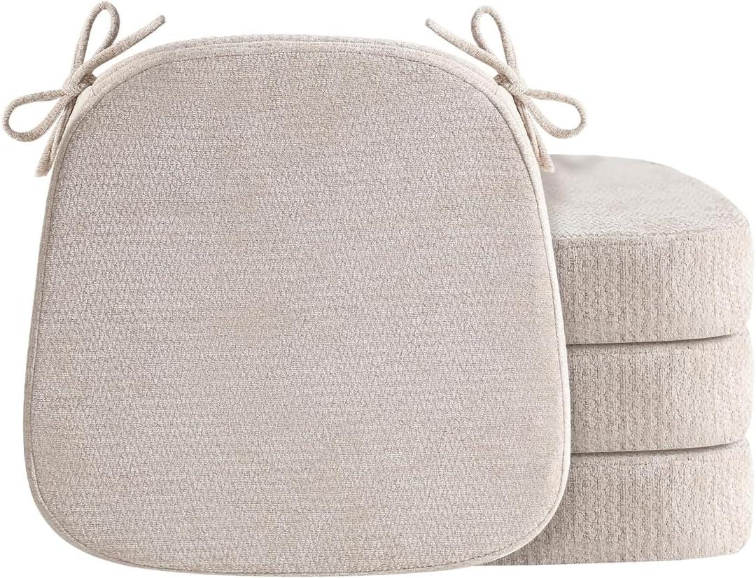 D-Shaped Chair Cushions for Dining Chairs, 2.5 Thick Chair Pads with Washable Comfortable Textured Cover, Non Slip Kitchen Chair Cushions with Ties, 16.5" x 16.5", 4 Pack, Beige