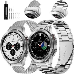 GOLDTOLUCK No Gap Stainless Steel Band Compatible with Samsung Galaxy Watch 8 7 6 5 4 Classic FE Pro Ultra 40mm 44mm 46mm 43mm 47mm 45mm 42mm Replacement Men Women Milanese Metal Elegant Casual (Silver&Silver)